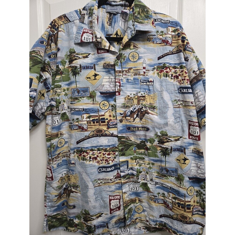 High Seas -- Vtg Hawaiian Shirt. California Landmarks. Del Mar Carlsbad - Torrey